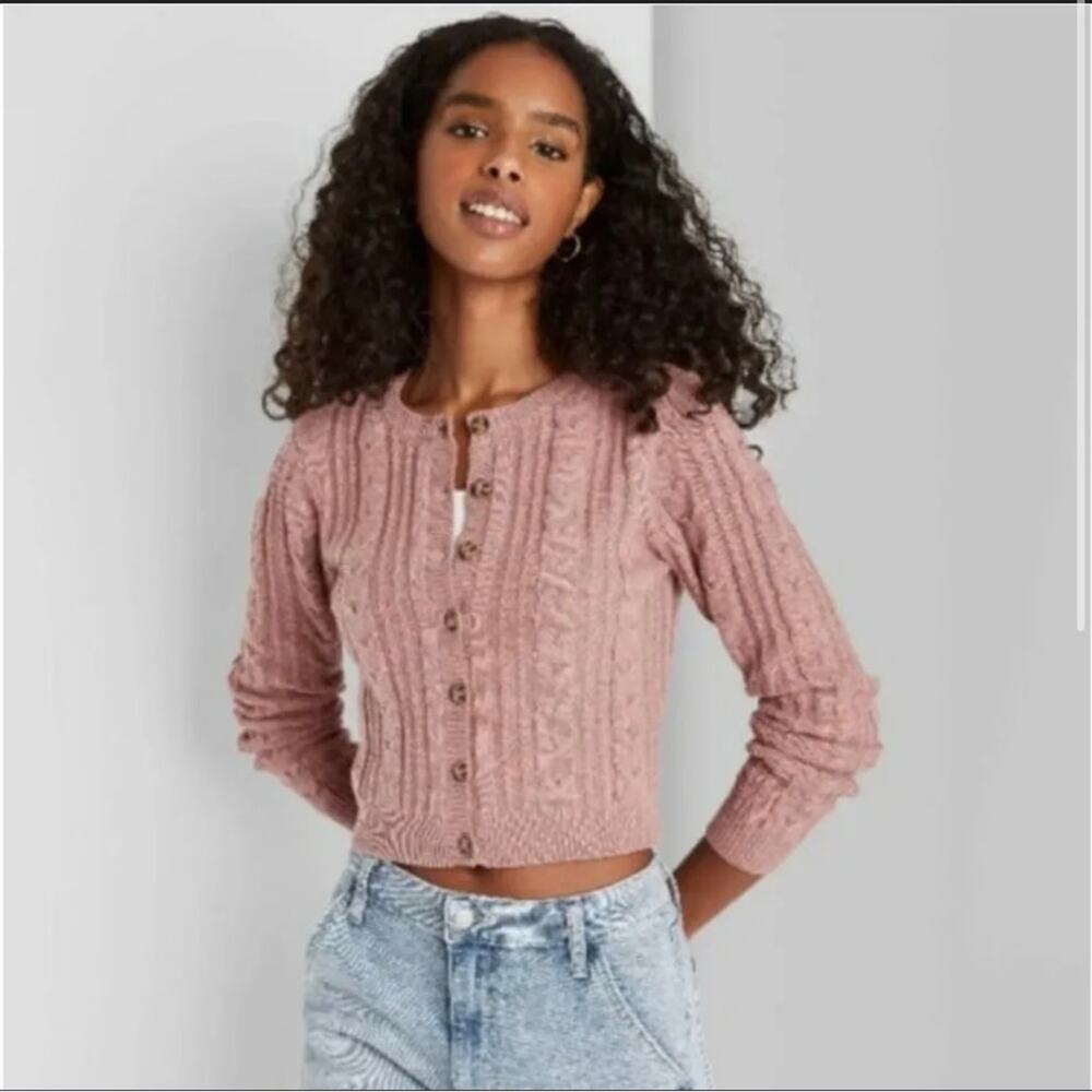 WILD FABLE • Pink Ling Sleeve Cropped Knit Cardigan Sweater